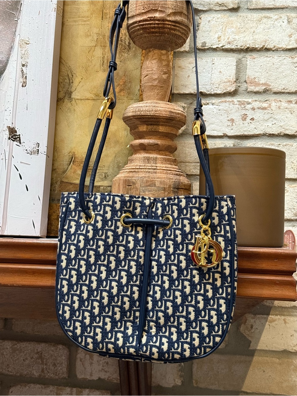 Dior Navy & Cream Monogram Shoulder Bag with Gold Charm